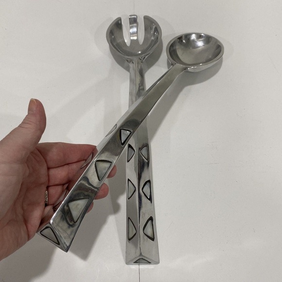 Mod Silver Tone Serving Fork & Spoon Set White Stone Shell Inlay Made in India - Picture 7 of 8